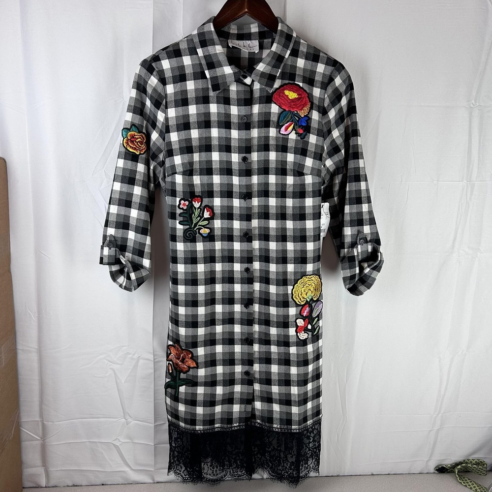 Nicole Miller Dress Womens 8 Black White Plaid Floral Embroidered Lace Hem Boho